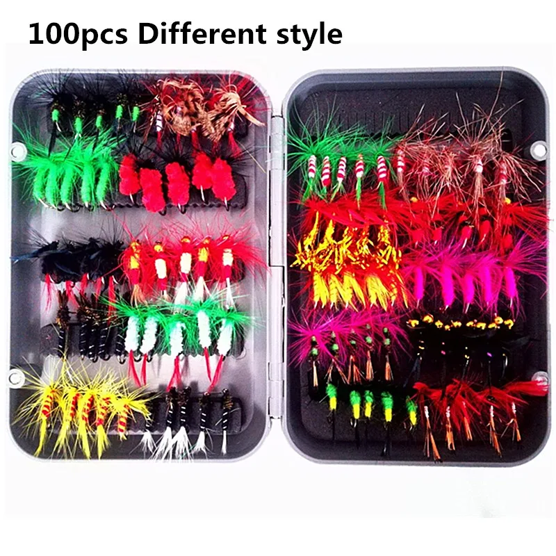 KKWEZVA 100pcs Insects Fishing fly Lure different Style Salmon Flies Trout Single Dry Fly Fishing Lures Fishing Tackle with box