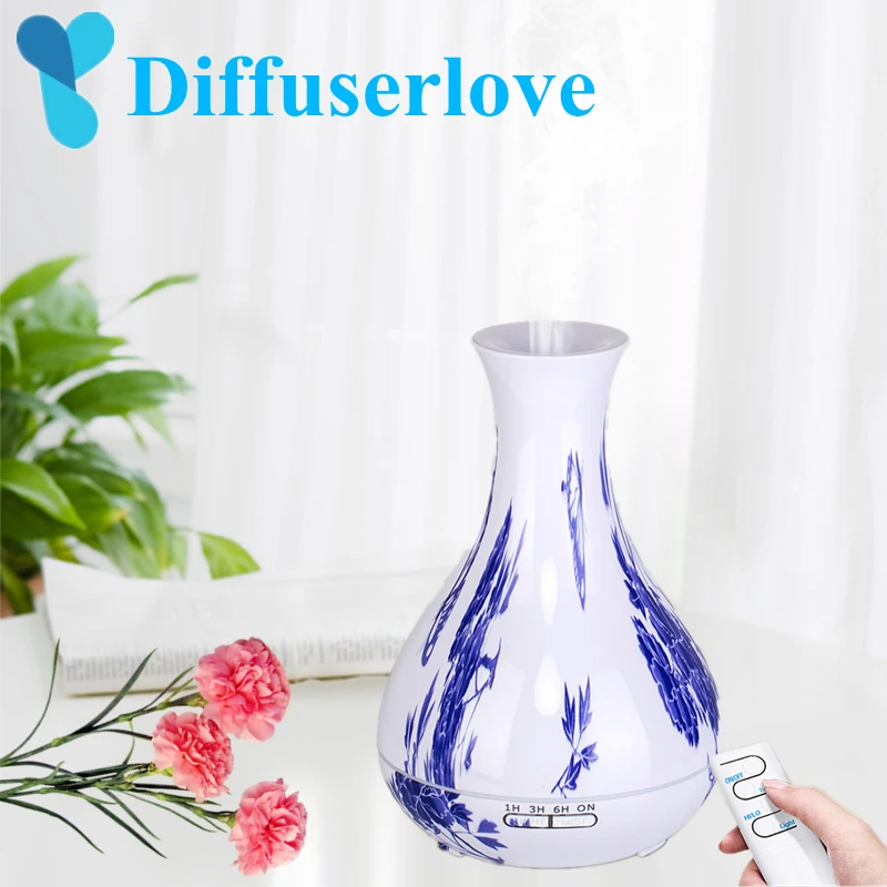 

Diffuserlove 550ml Air Humidifier Blue/white porcelain Remote Control Essential Oil Diffuser with LED Light Household Mist Maker