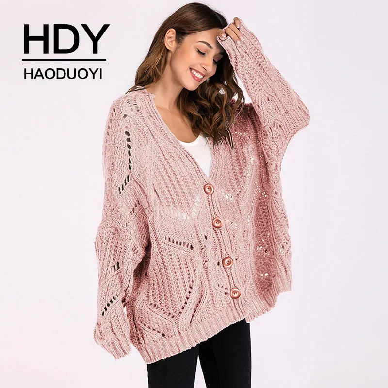 HDY Haoduoyi 2018 Winter Women Sweater Pink Thin Mesh V neck Cardigans Loose Casual Knitted Tops Single Button Open stitch lady |