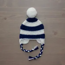 Темно-синие и белый полосатый шлема младенца вязания крючком, для маленьких девочек шляпа, новорожденный шапка, наряд для фото новорожденных, Новорожденный ребенок Hat