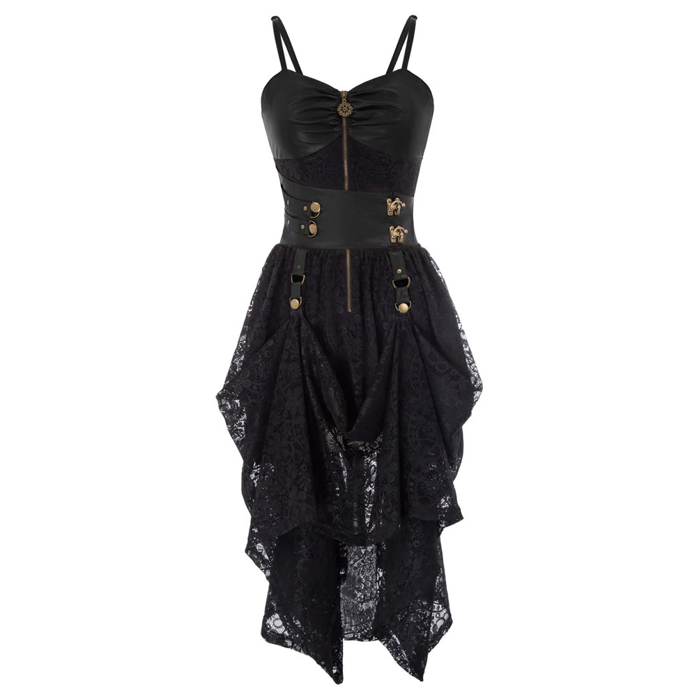 Женское платье, летние вечерние платья в готическом стиле, винтажное Ретро стимпанк викторианское платье из искусственной кожи, украшенное высоким низом, кружевное платье vestido - Цвет: Black