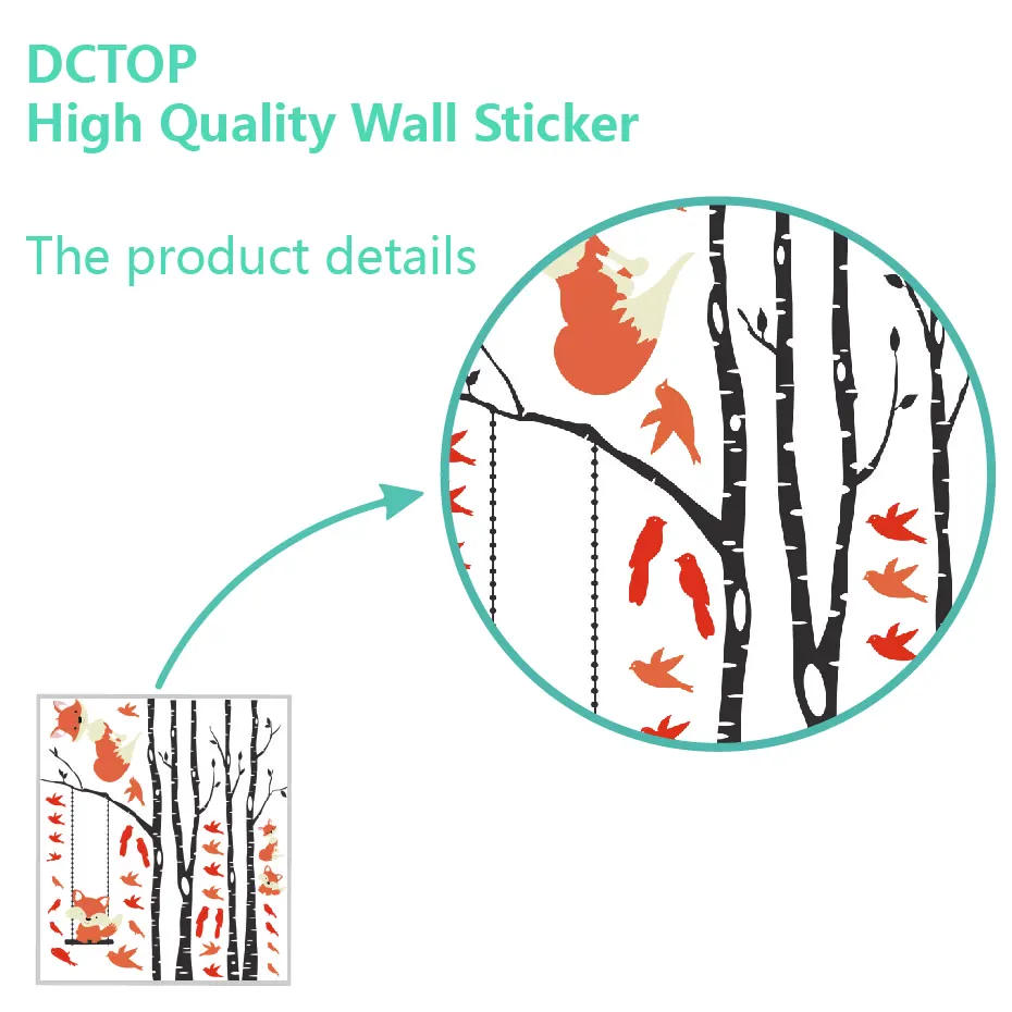 Lovely Fox Swinging Trees Birch Nursery Wall Stickers Birds DIY Vinyls Decals Home Decor Children kids Bedroom Door Art Mural (2)