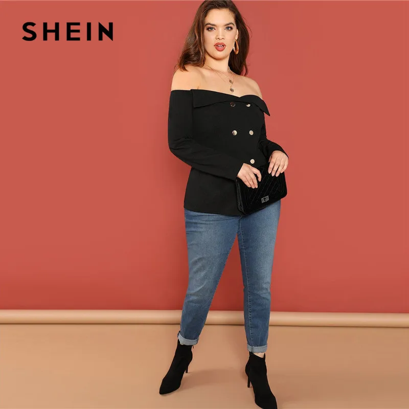 SHEIN черная Сексуальная Блузка с открытыми плечами длинным рукавом и пуговицами