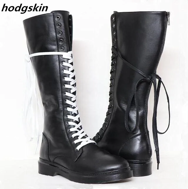 

Men Long Boots Genuine Leather Knee High Men Botas Sapatos Cross-Tied Lace Up Back ZIpper Shoes Sapatos Large Size 46