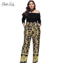 Party Lady Plus Size Loose Sexy Club vintage Women Jumpsuits  Digital Print Rompers Slash Neck Gold Color Full Length Rompers -D