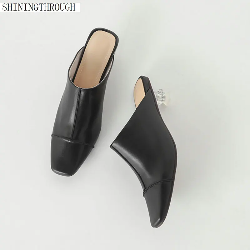 

Spring/Autumn cow leather Women square Toe Slippers Thin High Heel Sandals Ladies Slip-on Slippers Gladiator shoes