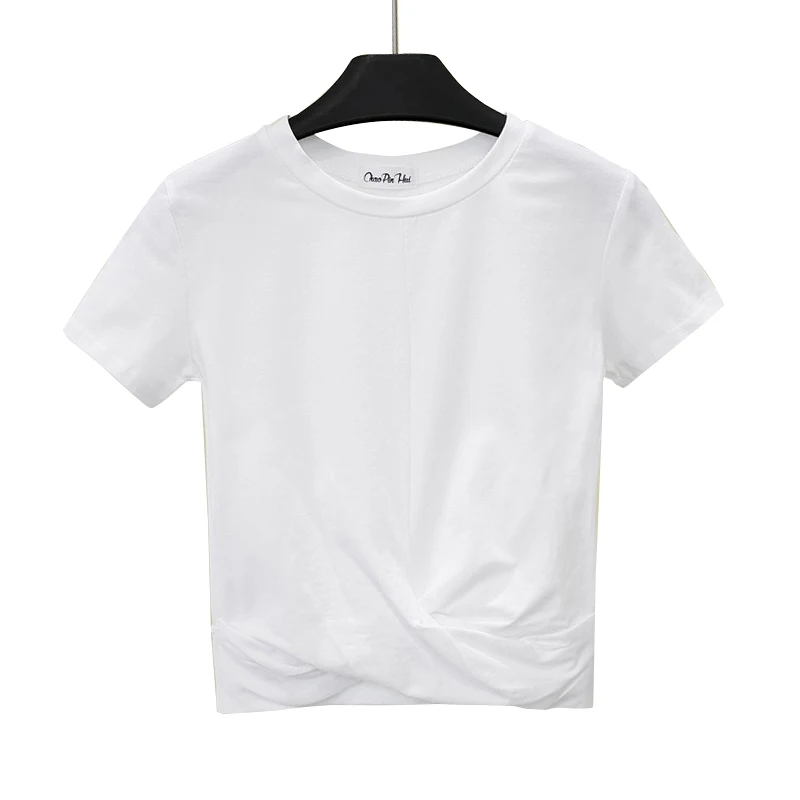 المرأة تي شيرت الصيف عبر شكل تي شيرت قصيرة الأكمام س الرقبة عارضة الصلبة الإناث القطن عالية الخصر ضئيلة Croptop تي السراويل