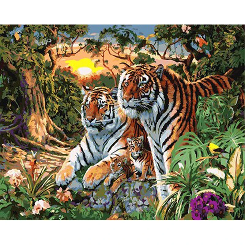 Two Big Tigers Animal DIY Digital Painting By Numbers Modern Wall Art Canvas Gift for children Home Decor 40x50cm | Дом и сад