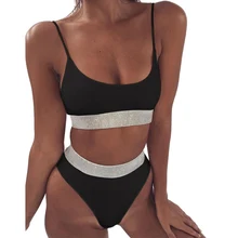 Sexy Bikini Women's Swimwear Brazilian Bikini Set Solid Color Sequined Halter Top Beachwear Swimsuit Two-piece halter two tone bikini set
