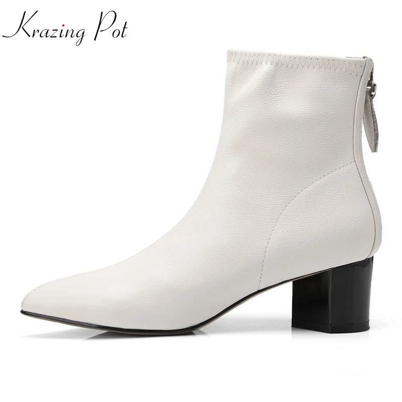 

Krazing Pot genuine leather zipper beige balck ankle boots high quality high heels European pointed toe fashion ankle boots L31