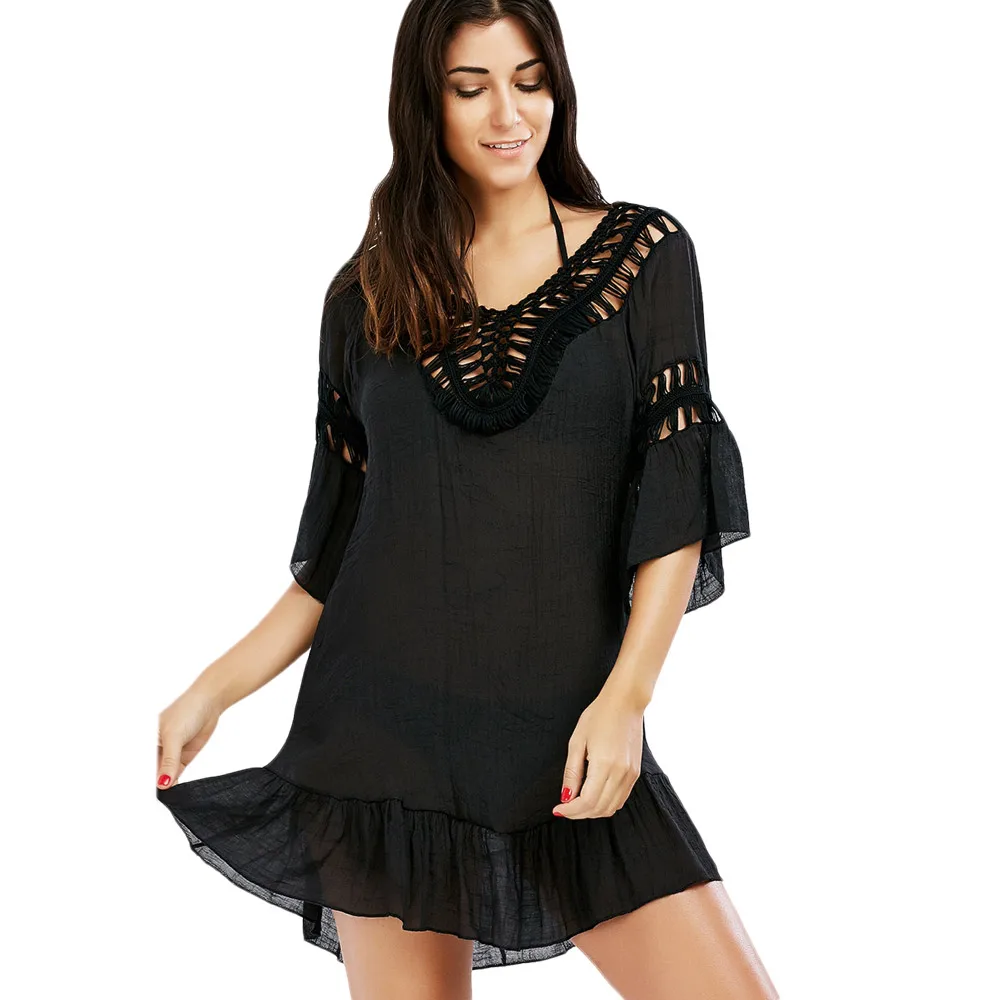ZAFUL 2019 Women Flounce Open Back Fringe Cover Up Tunic Tassel Beach