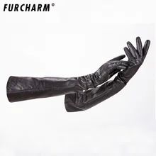 Зимние женские модные перчатки из овечьей кожи, Женские варежки из натуральной кожи, женские длинные стильные локоть перчатки