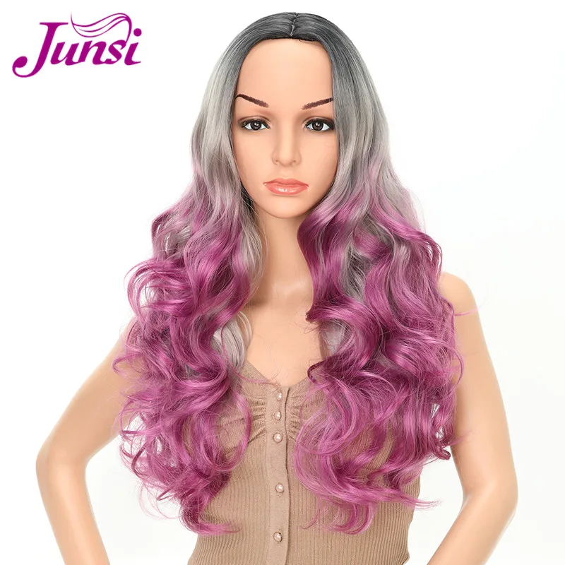 

JUNSI Ombre Grey Purple Long Curly Dark Roots Cosplay Wigs Synthetic Wig Heat Resistant for Women Natural Hair