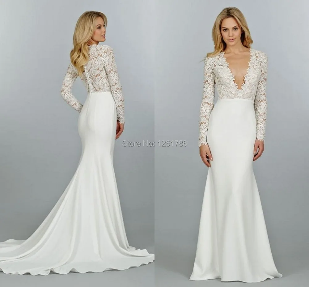 2017 New Designer Deep V Neck Long Sleeve Sheath Satin Wedding 2017 New Designer Deep V Neck Long Sleeve Sheath Satin Wedding Dresses Y Floor Length Liques Bridal Gowns Custom Made In From Weddings