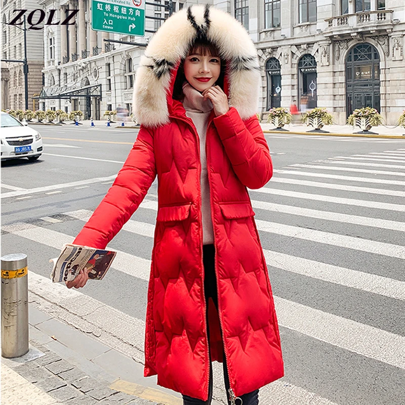

Zqlz 2019 Winter Long Jacket Women Plus Size Slim Thickening Down Cotton Padded Female Coat Fashion Big Fur Hooded Parka Mujer