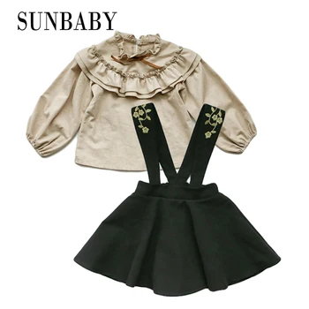 

2017 New girls clothes Puff Sleeve shirt+Dresses 2Pcs Suits Kids clothing sets casual style