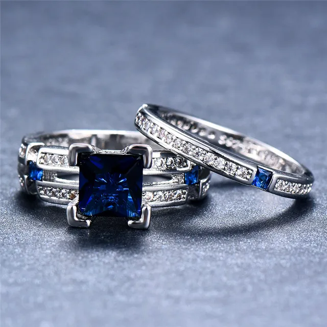 Luxury Female Light Blue Wedding Ring Set Love Zircon Ring Fashion 925