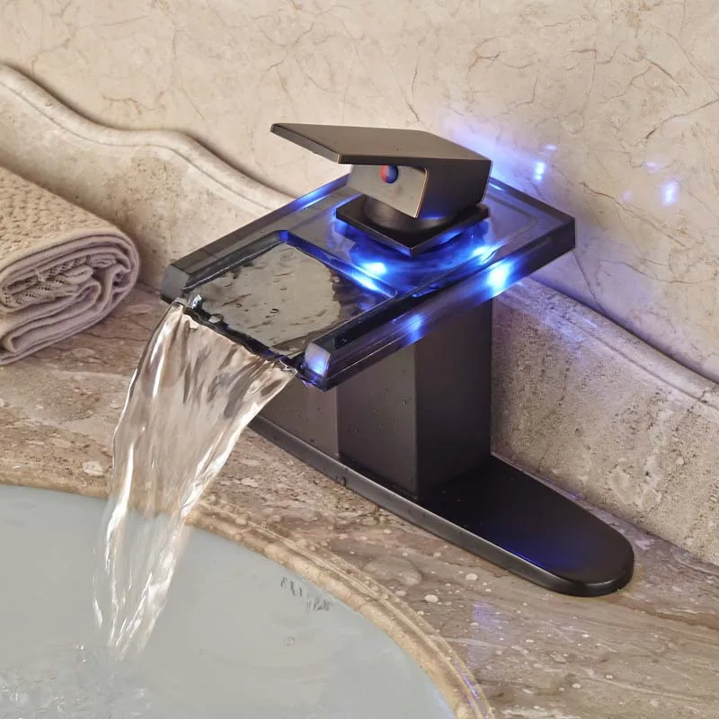 LED Color Changing Glass Waterfall Spout Bathroom Sink Faucet Basin Temperature Sense Mixer tap