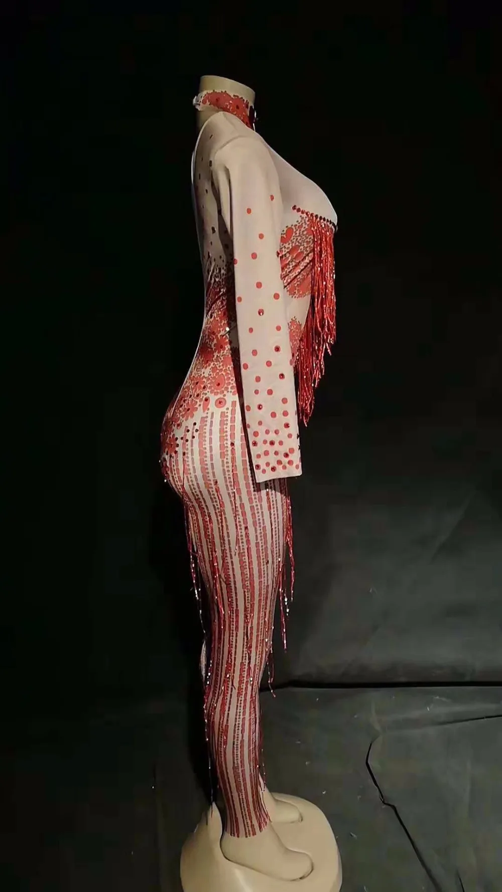 Женский сексуальный сценический красный комбинезон с кисточками Большой Стеклянный сверкающий кристалл боди сцена для ночного клуба
