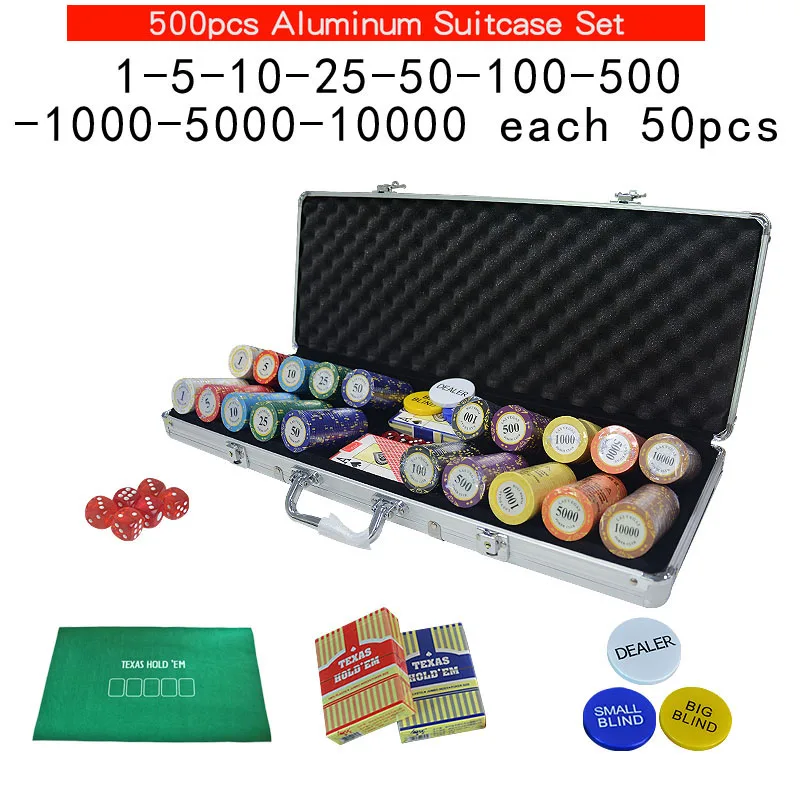 100~500Casino Texas Clay poker chips set Las Vegas Pokers Aluminum Suitcase with Playing cards&Dices&Dealer Buttom& Cloth