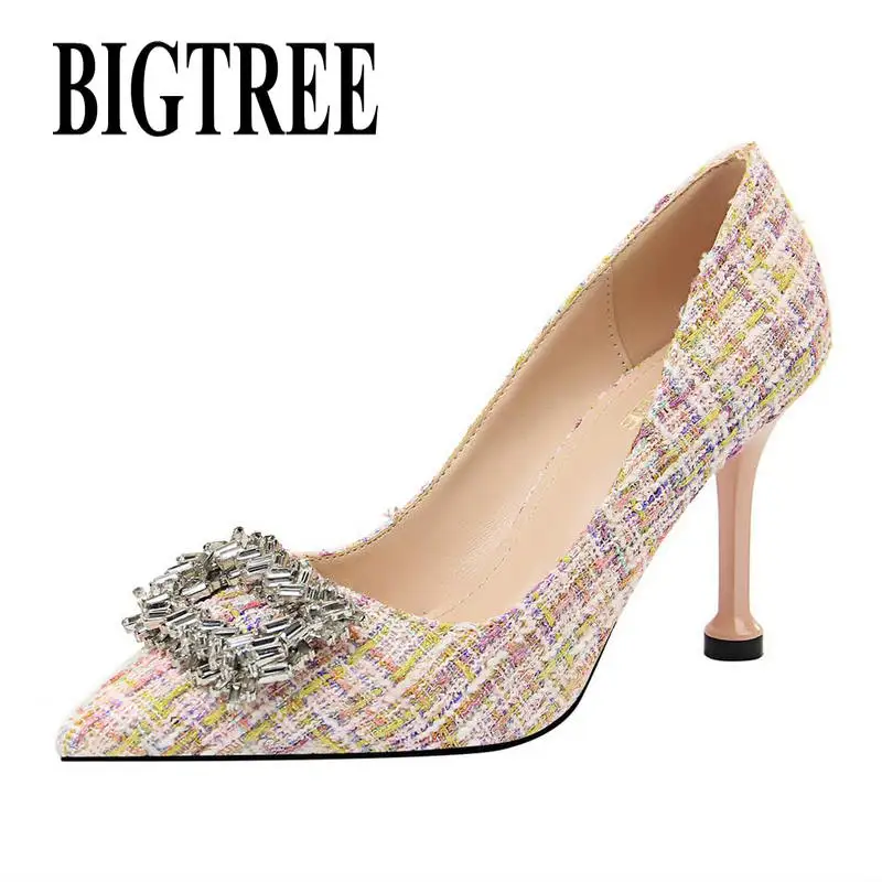 

BIGTREE 2019 New Spring Women Pointed Toe High Heels Shoes Woman Shallow Crystal Pumps Ladies Fashion Party Wedding Single shoes