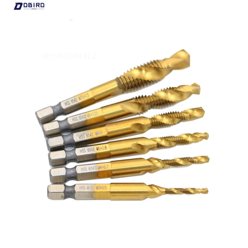 

6pcs Titanium M2 Hex Shank Hand Tap HSS Screw Spiral Point Thread Metric Plug Drill Bits M3 M4 M5 M6 M8 M10 Fit Metal Steel