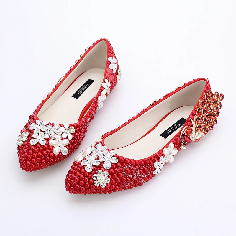 

2016 Popular Red Pearl Sparkling Flats Rhinestone Bridesmaid Shoes Lady Spring Flat Heel Party Shoes Women Wedding Shoes