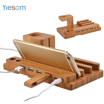 

YIESOM Bamboo Wooden 4 in 1 for Apple Watch USB 4 Port Micro HUB Charging Stand Station Dock Platform Cradle Holder for iPhone 8