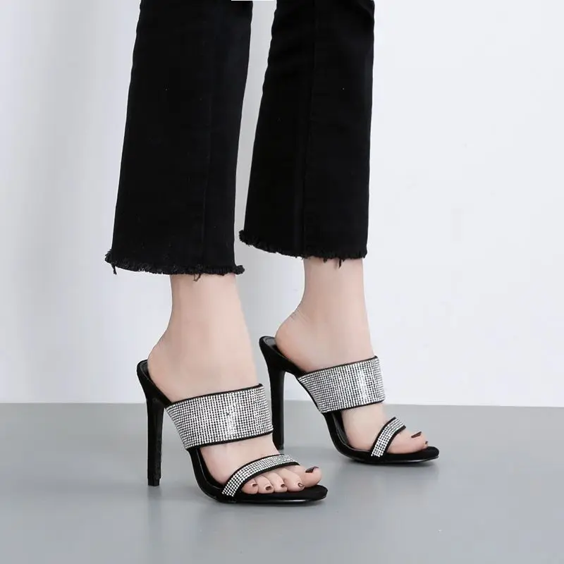 

2019 sexy summer women's sandals shallow Rome pee toed female stiletto high heels ladies Rhinestone thin heel woman sandal black