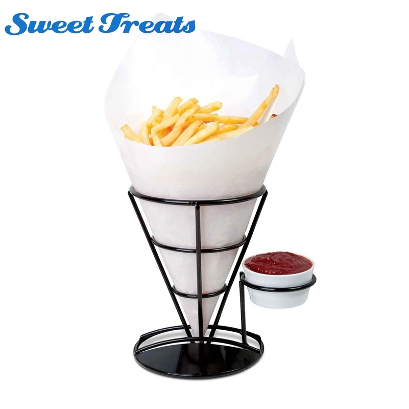 

Sweettreats Wire French Fry Holder Condiment Stand French Fries Chip Cone Holder Black Flavoring Rack Appetizer Cone