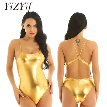 

Sexy Women Shiny Matallic Swimsuit Bodysuits One Piece Spaghetti Straps Back Hollow Out High Cut Teddy Bodysuit Beach Swimwear