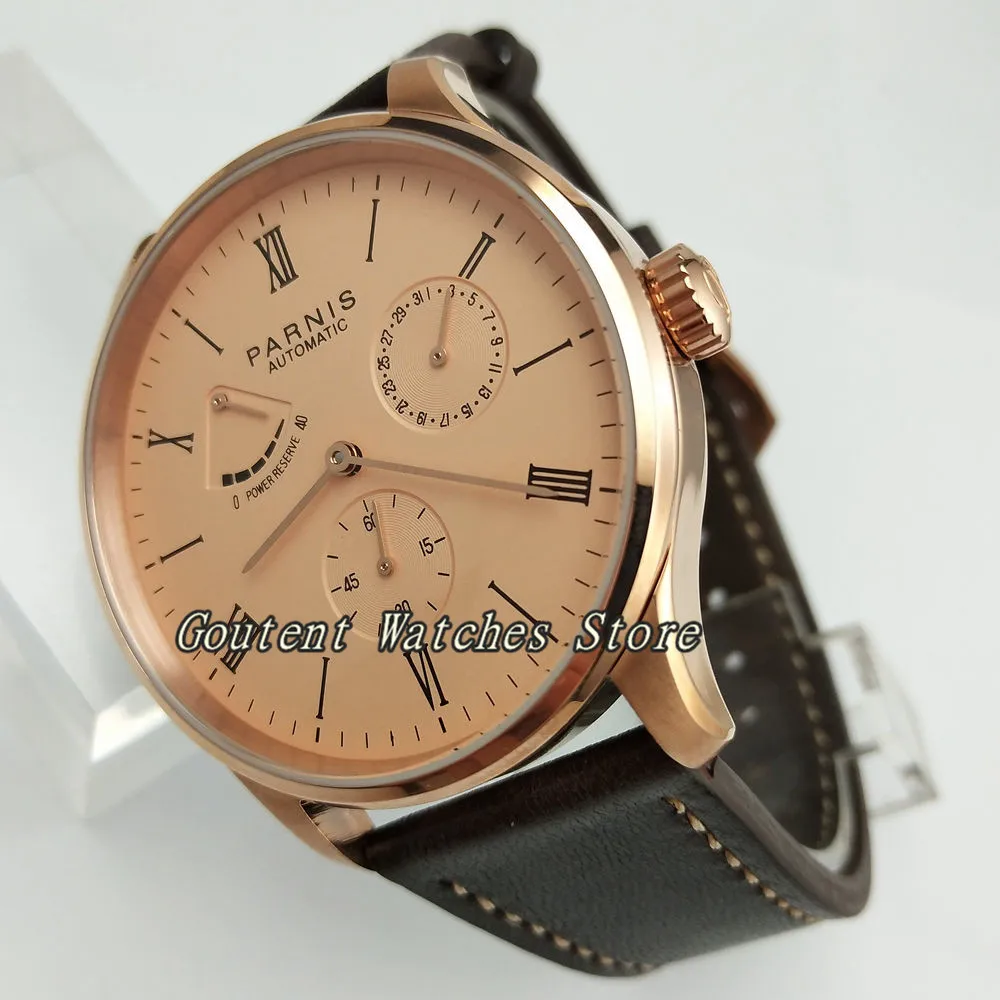 

42mm Parnis Date Rose Gold Case Power Reserve Seagull 1780 Automatic Watch