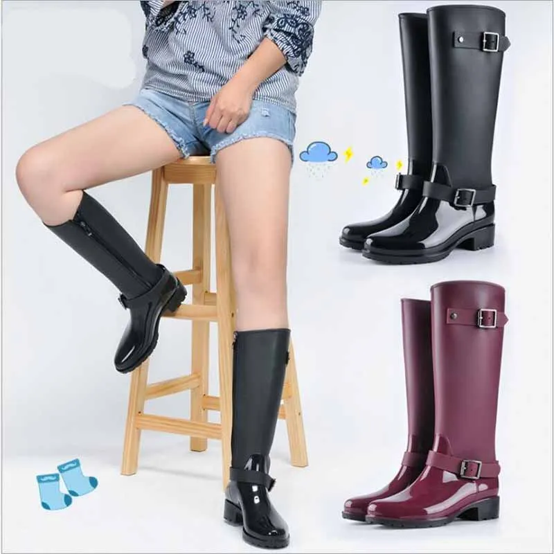 Tanie Punk Style Zipper wysokie buty damskie Pure Color kalosze Outdoor gumowe buty do wody dla kobiet 36 41 Plus rozmiar