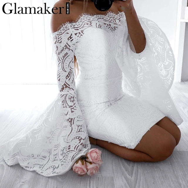 Glamaker Off shoulder lace women dress robe Flare sleeve bodycon summer dress Evening party elegant dress vestido de festa