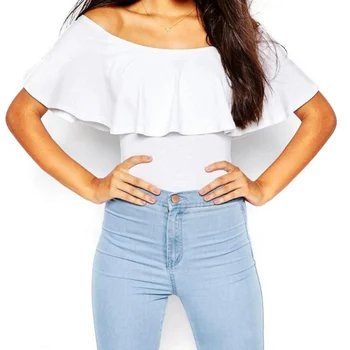 

Backless Sexy Off Shoulder Ruffles Women Bodysuit Rompers Crop Tops Blusa Solid Womens Jumpsuit