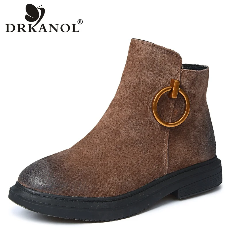 

DRKANOL 2018 Vintage Genuine Leather Women Boots Comfortable Non Slip Thick Heel Martin Ankle Boots For Women Warm Winter Shoes