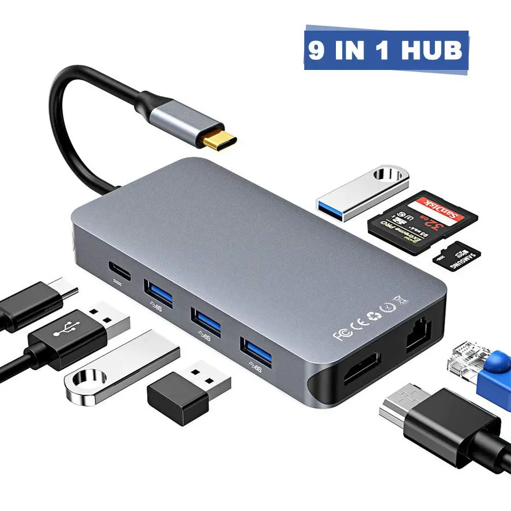 

9-in-1 Type C To HDMI/Gigabit LAN/USB HUB/SD/TF Port Multi - Function Docking Station HDMI 4K Hub Adapter For MacBook Pro Asus