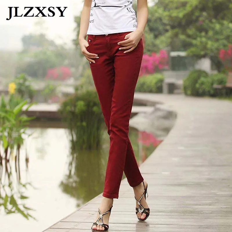 

JLZXSY Women Candy Pants Pencil Slim Jeans Ladies Trousers Mid Waist Zipper Stretch Skinny Women Free Shipping Various Colors