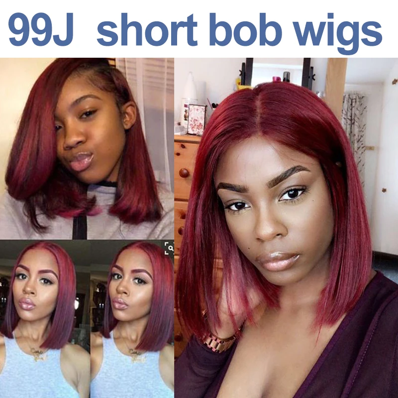 Remyblue Short Bob Red Straight 13X4 Lace Front Human Hair Wig Pre Plucked Hairline Peruvian Remy Burgundy Wig With Baby Hair