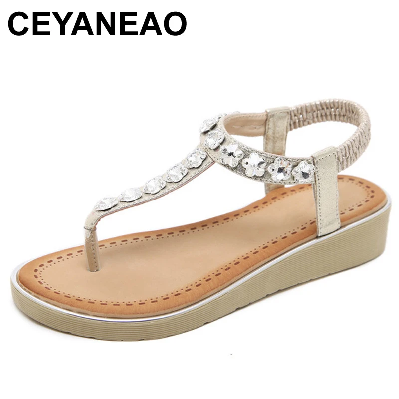 

CEYANEAOEuropean Flat Sandals Women Summer ladies Beach Sandals Rhinestone Sandalias Gladiator Wedges Platform Shoes E2012