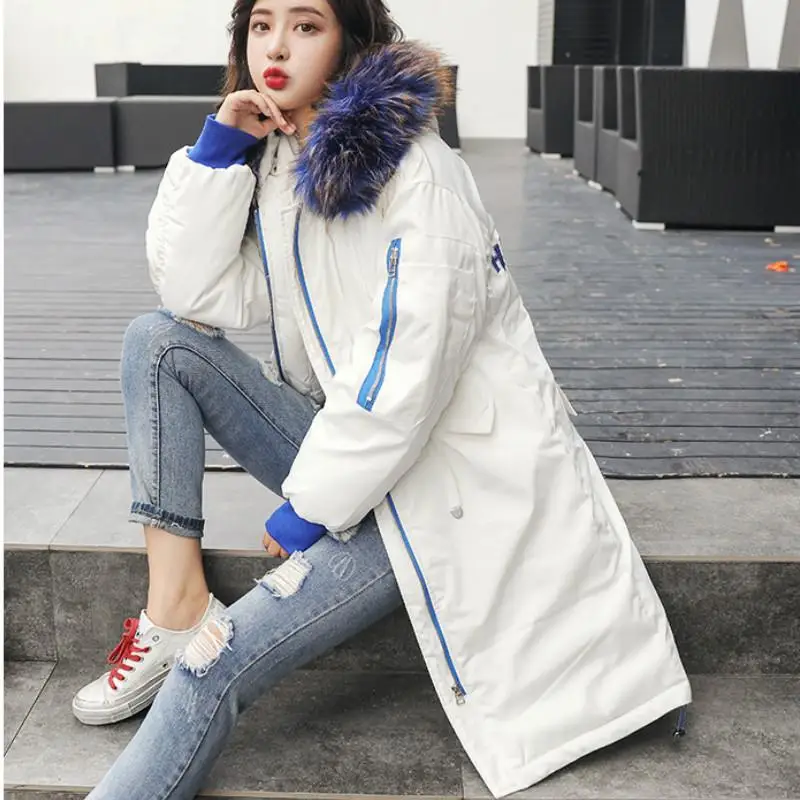 

Winter Thicken Fur Collar Down Cotton Jacket Long Slim Casual Parka Ladies Hooded Coat Outerwear Clothes