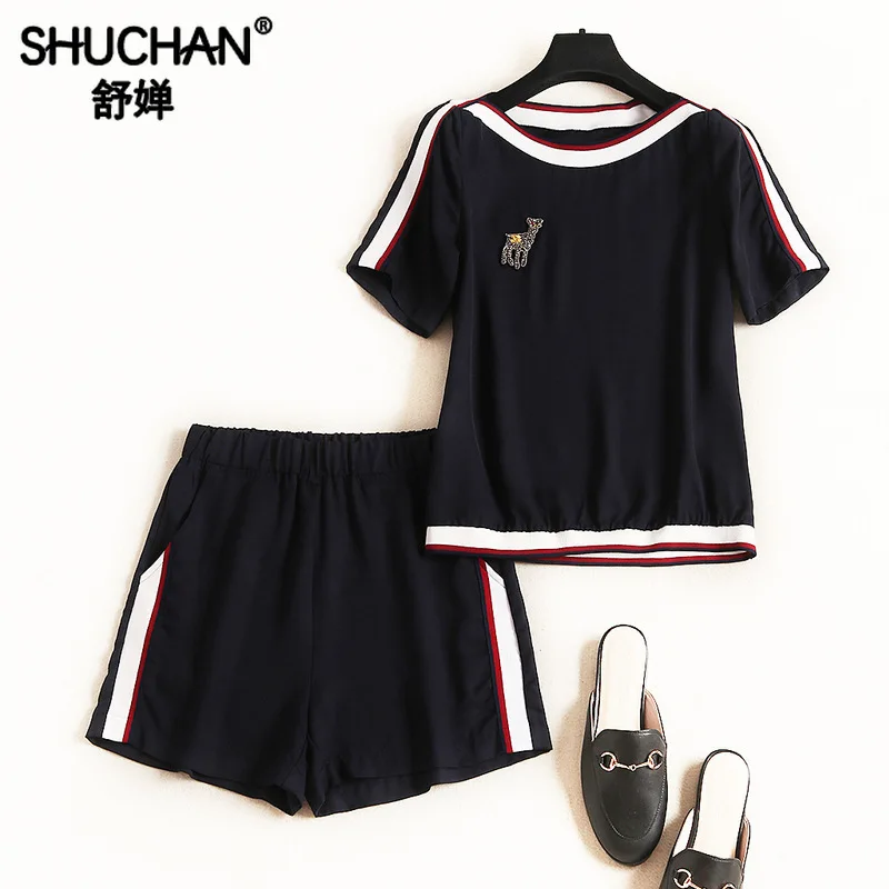 

Shuchan Suit Summer Women 2piece Shorts Set Women Appliques Slash Neck Tops+shorts Women's Costume From Two Items 51641