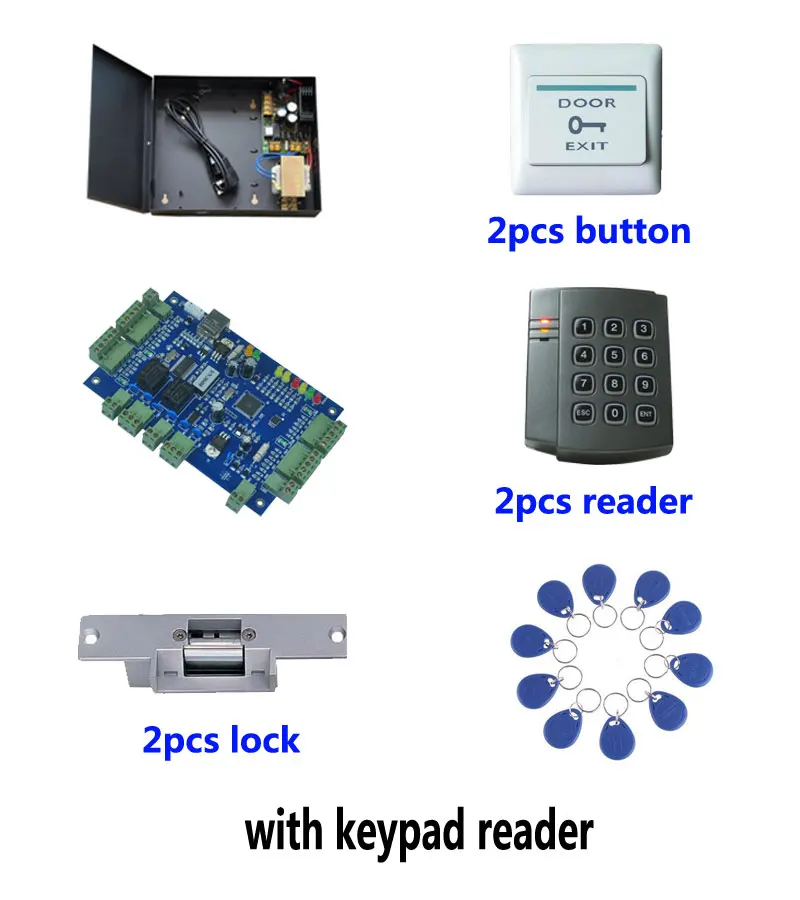 Комплект контроля доступа к двери RFID, TCP контроль доступа две двери + powercase + strike lock + ID reader + кнопка выхода + 10 Идентификационные бирки, sn: kit-B201