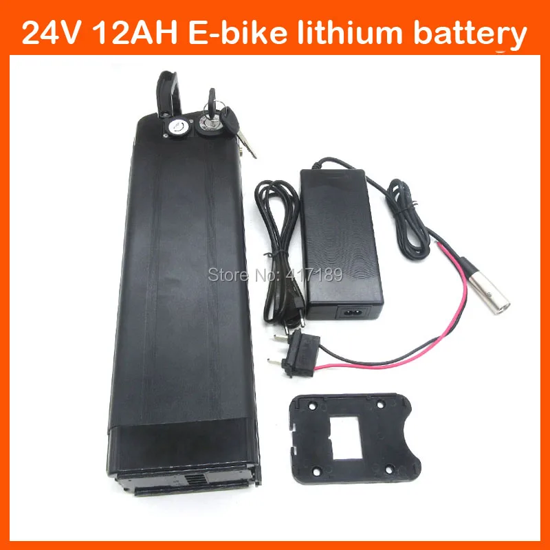 

Bottom discharge 24V 350W Electric Bike battery 24V 12AH lithium silver fish battery with USB Port 29.4V 2A charger and 15A BMS