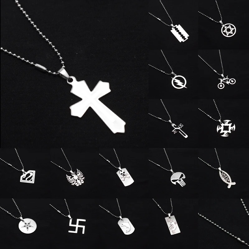 

High Quality 316L Stainless Steel Pendant Fashion Jewelry Jesus Superman Skull Blade Bicycle Lightning Cross Necklace Free Chain
