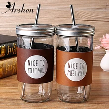 Arshen Große Förderung! 700 ml Transparent Weißblech Glas Glas Saft Kaltes Getränk Wasserflasche Mit 304 Edelstahl Stroh 2 Farbe