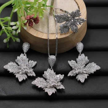 

Lanyika Jewelry Set Chic Maple Leaf Micro Paved Cubic Zircon Necklace with Earrings and Ring for Wedding Best Bridal Gift
