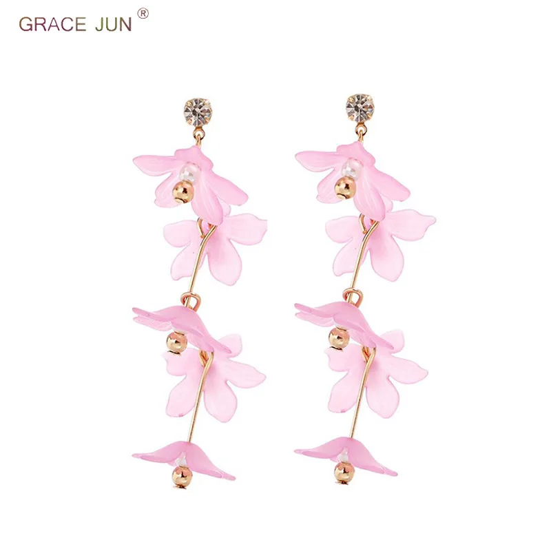 

GRACE JUN Korea Style Handmade Long Flower Clip on Earrings for Women Gorgeous Bride Wedding Without Pierced Earrings Bijouterie