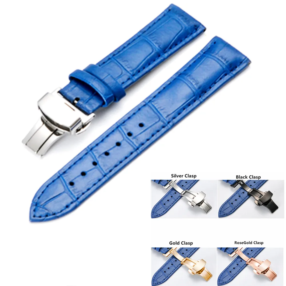 

Handmade 14 15 16 17 18 19 20mm Genuine Leather Watch Band Replace Butterfly Folding Clasp Buckle Blue Strap Watchbands And Tool