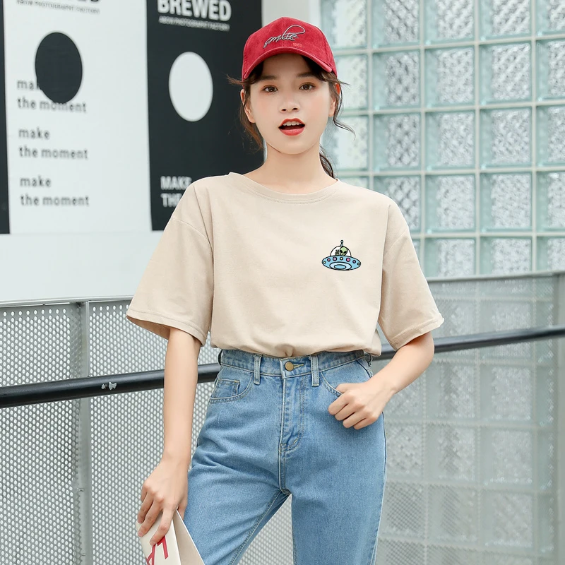 

Women Summer Short Sleeve Cotton Tee Shirt Femme Funny Kawaii Alien Print Harajuku T Shirt Korean Tops Streetwear Camiseta Mujer